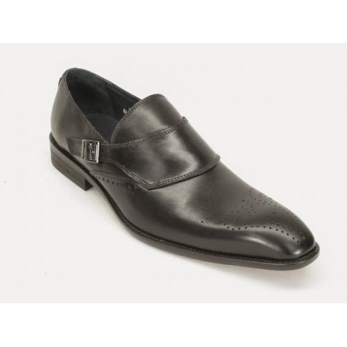 Carrucci Black Genuine Calf Skin Leather Perforation Monkstrap Shoes KS478-01